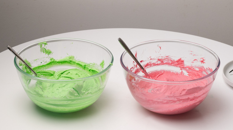 bowls with colored cake batter