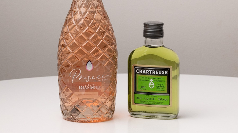 bottles of pink prosecco and chartreuse