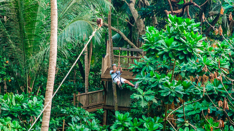 Man ziplining in jungle
