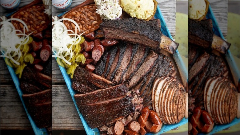 Plate of bbq ribs and brisket