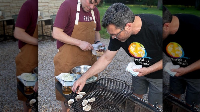 Aaron Franklin and Jordan McKay cooking oysters on grill