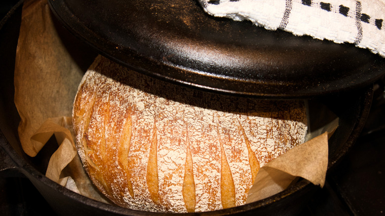 sourdough loaf in a dutch oven