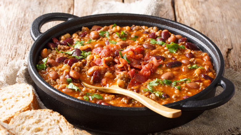 Close-up of bowl of baked beans