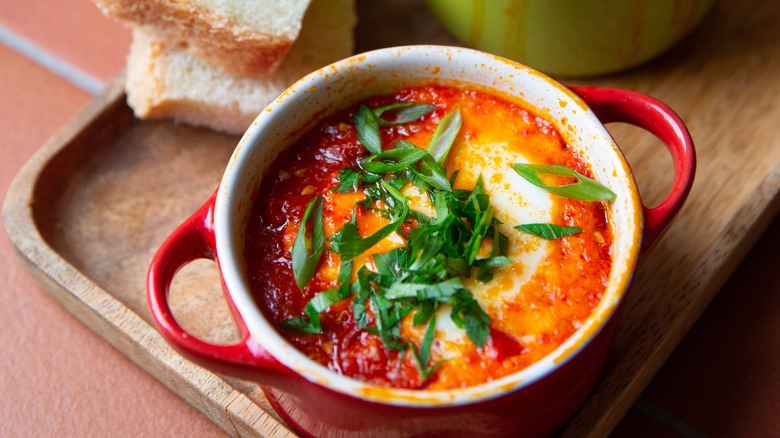 shakshuka, poached eggs tomato soup