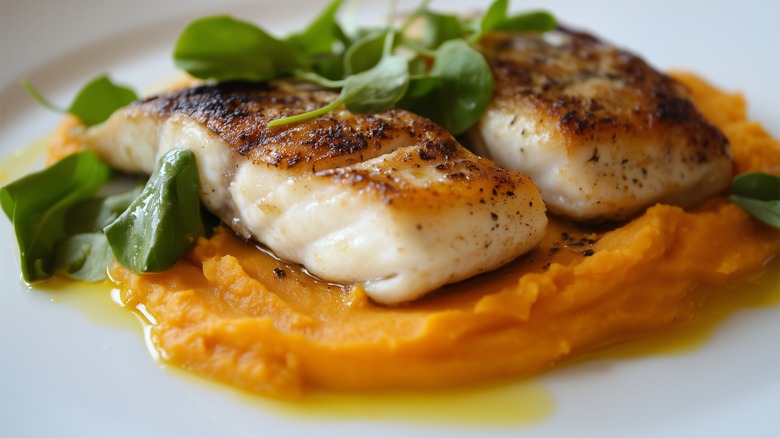 Seared fish with sweet potatoes and microgreens