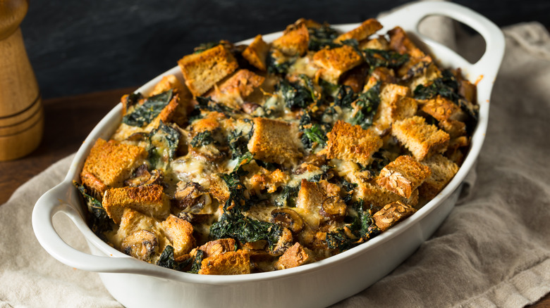 savory bread pudding with cheese and mushrooms