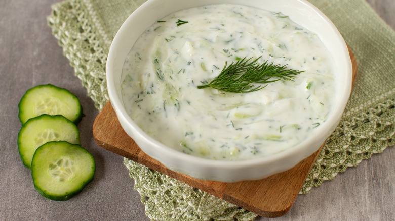 Tzatziki sauce in a white bowl