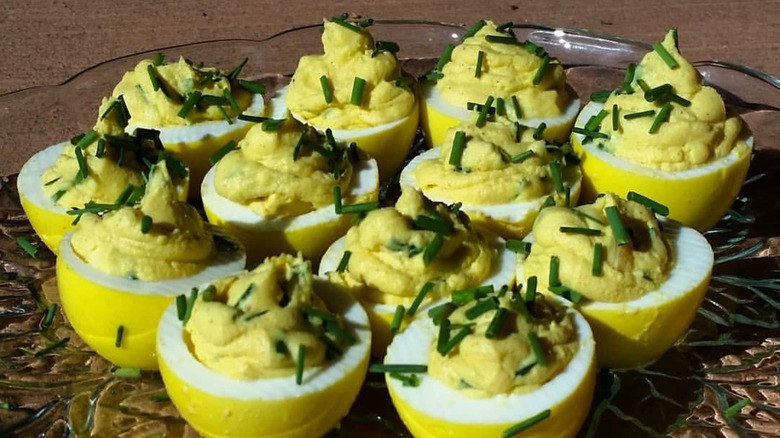 Turmeric pickled deviled eggs