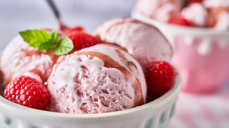 bowl of strawberry ice cream with fresh fruit