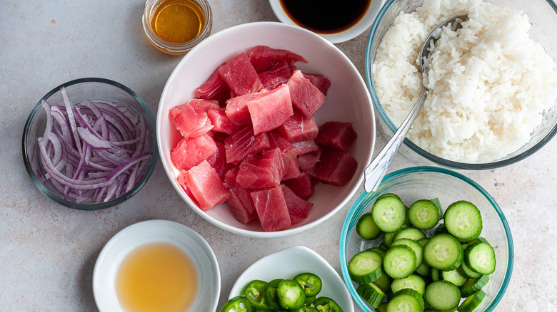 ingredients for tuna poke bowl