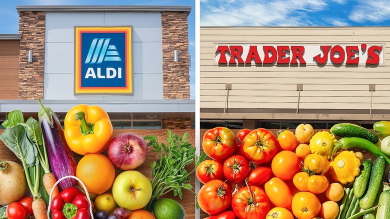 Aldi and Trader Joe's store exteriors as separate images side by side with produce images covering half of both pictures