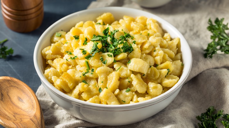 Bowl of pasta seasoned with egg and butter