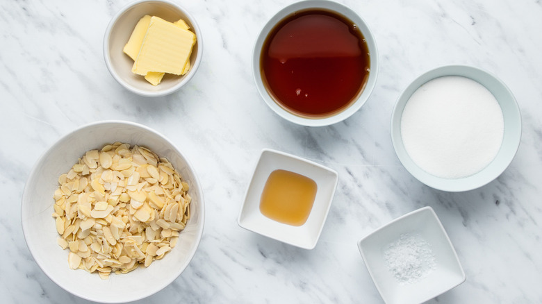 almond brittle ingredients on counter 