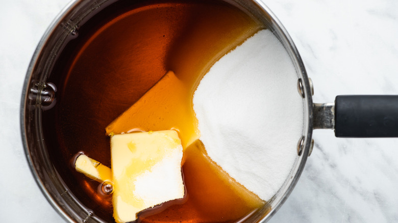 almond brittle ingredients in saucepan 