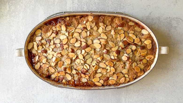 Baked almond-rhubarb dump cake on cooking rack