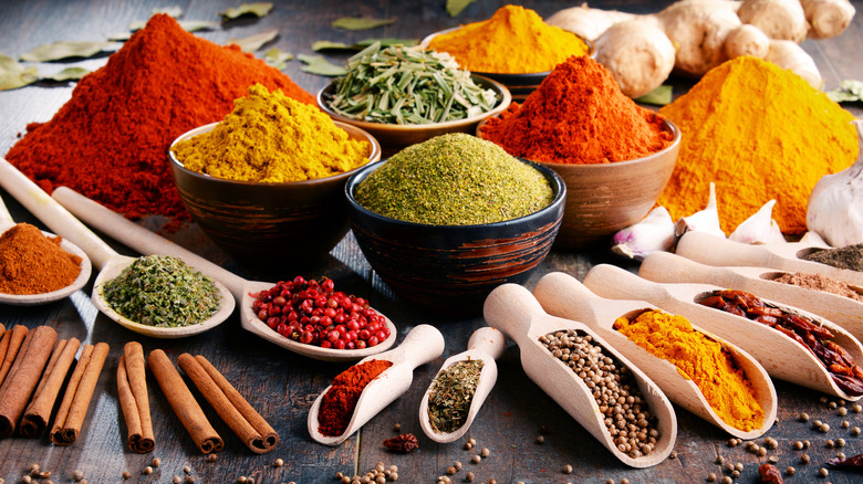 various spices in bowls