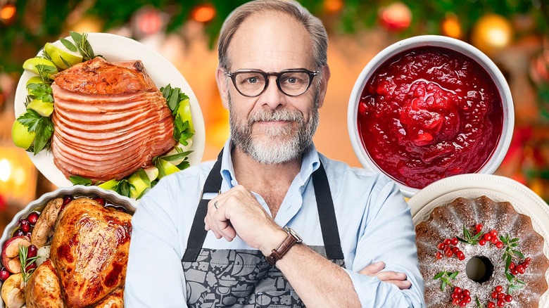 Alton Brown surrounded by holiday dishes