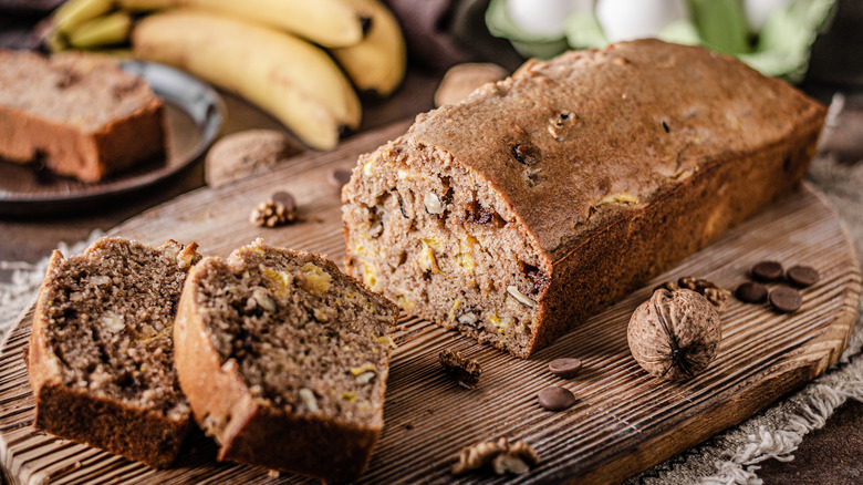 Homemade banana bread on a wood board