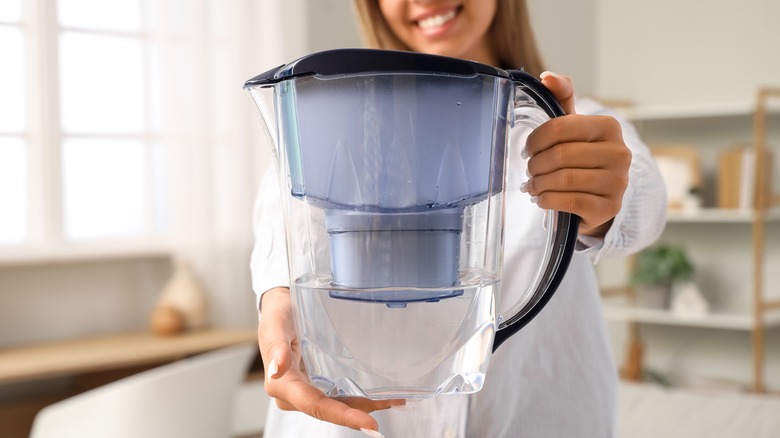 Smiling woman holding water filter pitcher