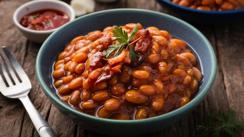 baked beans with bacon in a blue bowl