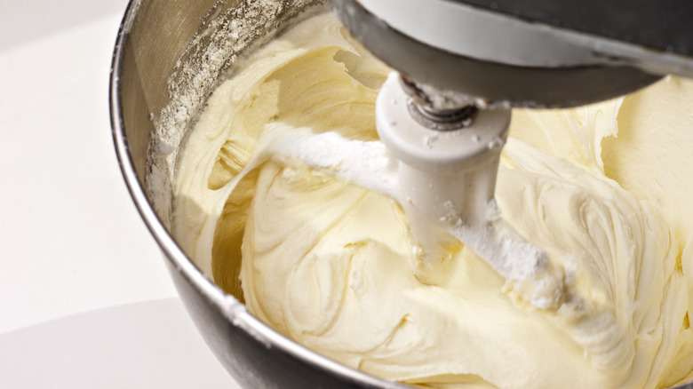 vanilla buttercream in a mixer being mixed