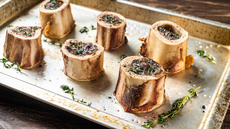 Marrow bones in roasting tray