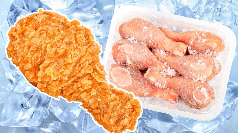 Raw and fried chicken on ice