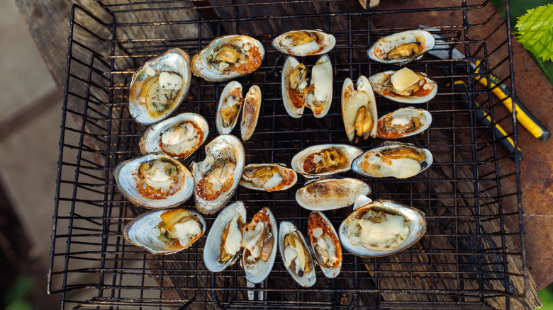 grilling oysters in crate