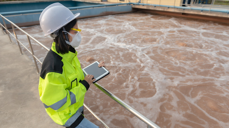 a woman stands with a tablet next to a pool at a wastewater treatment facility