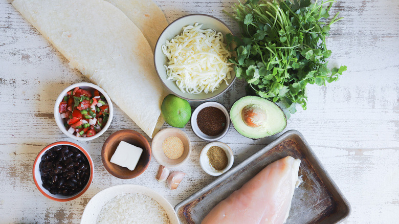 ingredients for chicken rice burrito