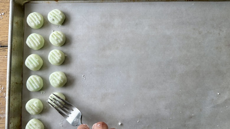 Cream cheese mints flattened with fork