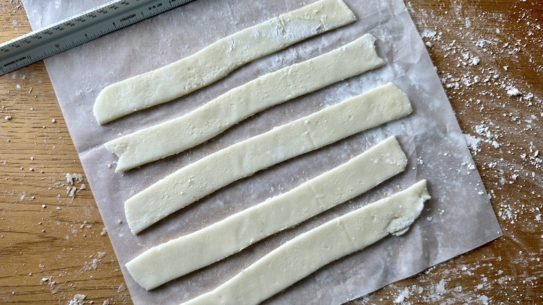 Cream cheese mint dough cut into strips