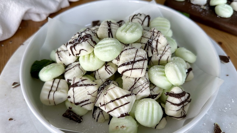 Andes-stuffed cream cheese mints in bowl