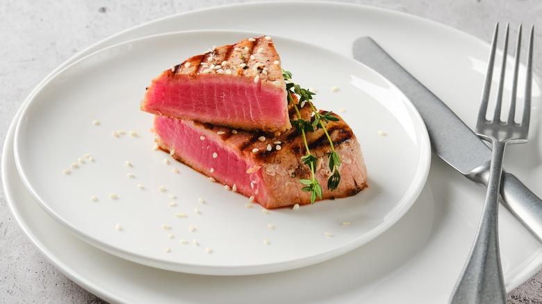 grilled tuna steak on plate