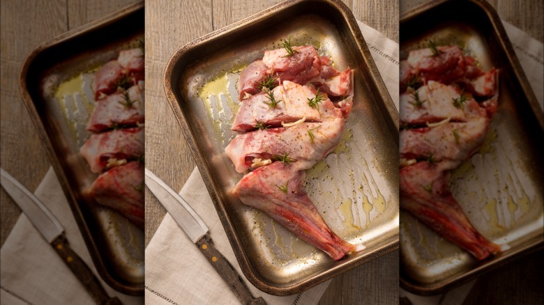 Leg of lamb on a roasting pan