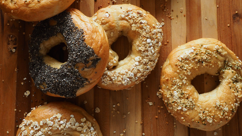 Montreal-style bagels on wood board 