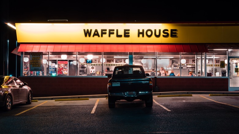 Exterior view of Waffle House at night