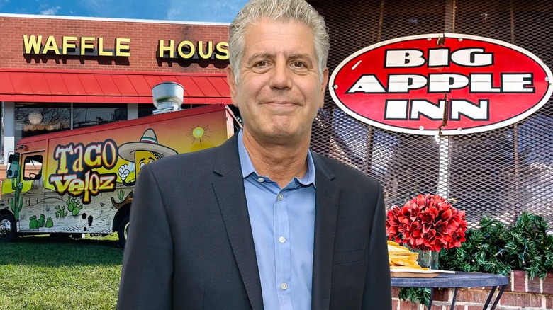 Anthony Bourdain in front of Waffle House, Taco Veloz truck and Big Apple Inn signs