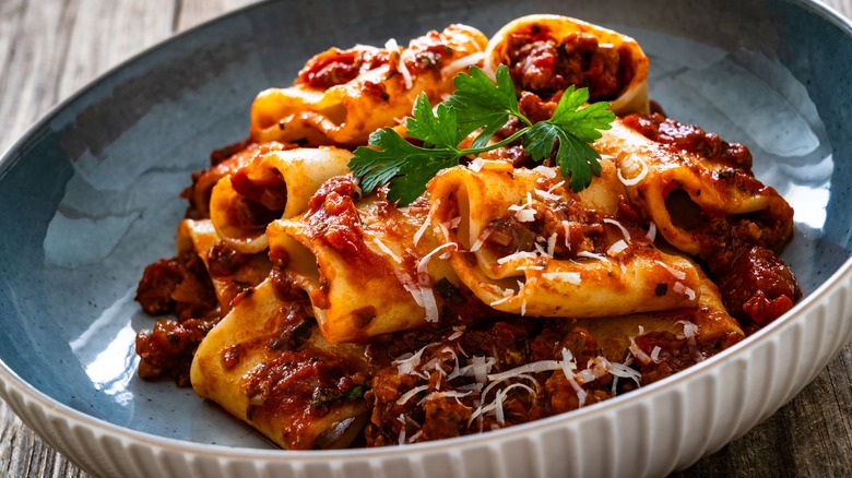 paccheri noodles with bolognese sauce