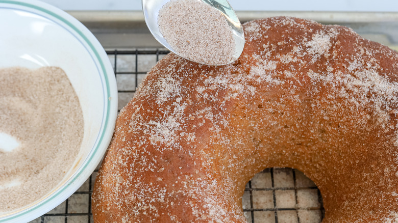 sprinkling cinnamon sugar on cake