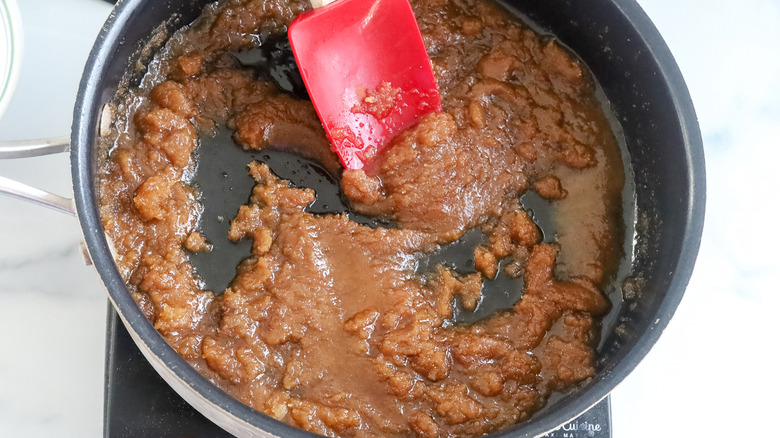 Brown sugar and butter mixture in a pan