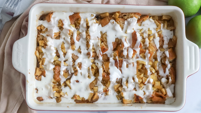 Baked apple fritter breakfast casserole on a table