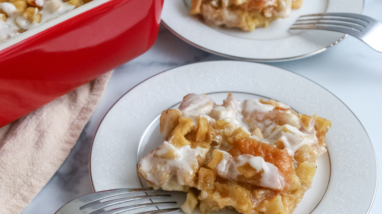 Close up of a slice of apple fritter breakfast casserole