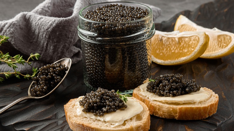 Sturgeon caviar spread on table