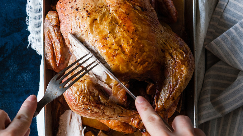 Carving roasted chicken