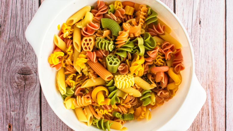 bowl of dried tri colored pasta