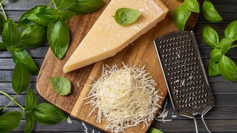 Parmesan cheese block and grated cheese