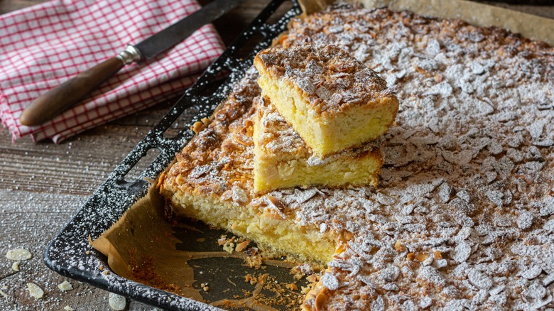 yellow sheet cake with almonds