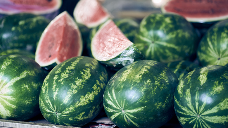 Stacked watermelons at farmers market