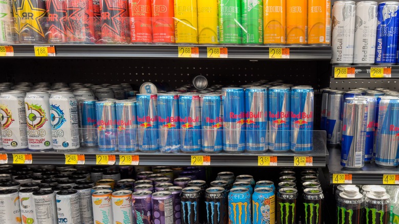 Energy drinks on store shelf